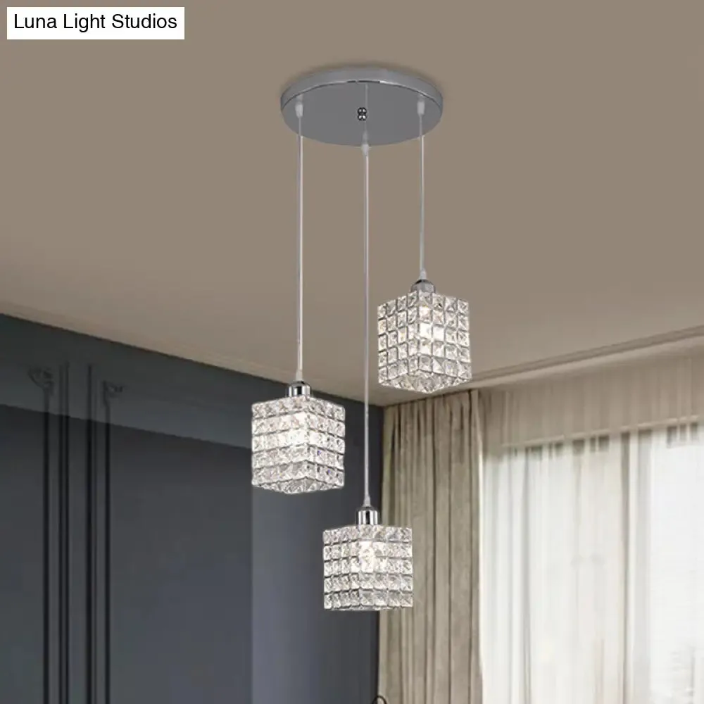 Minimalist Chrome Cuboid Pendant with 3 Beveled Crystal Bulbs - Ceiling Suspension Light