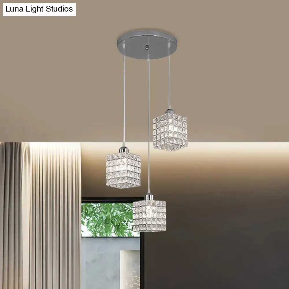 Minimalist Chrome Cuboid Pendant with 3 Beveled Crystal Bulbs - Ceiling Suspension Light