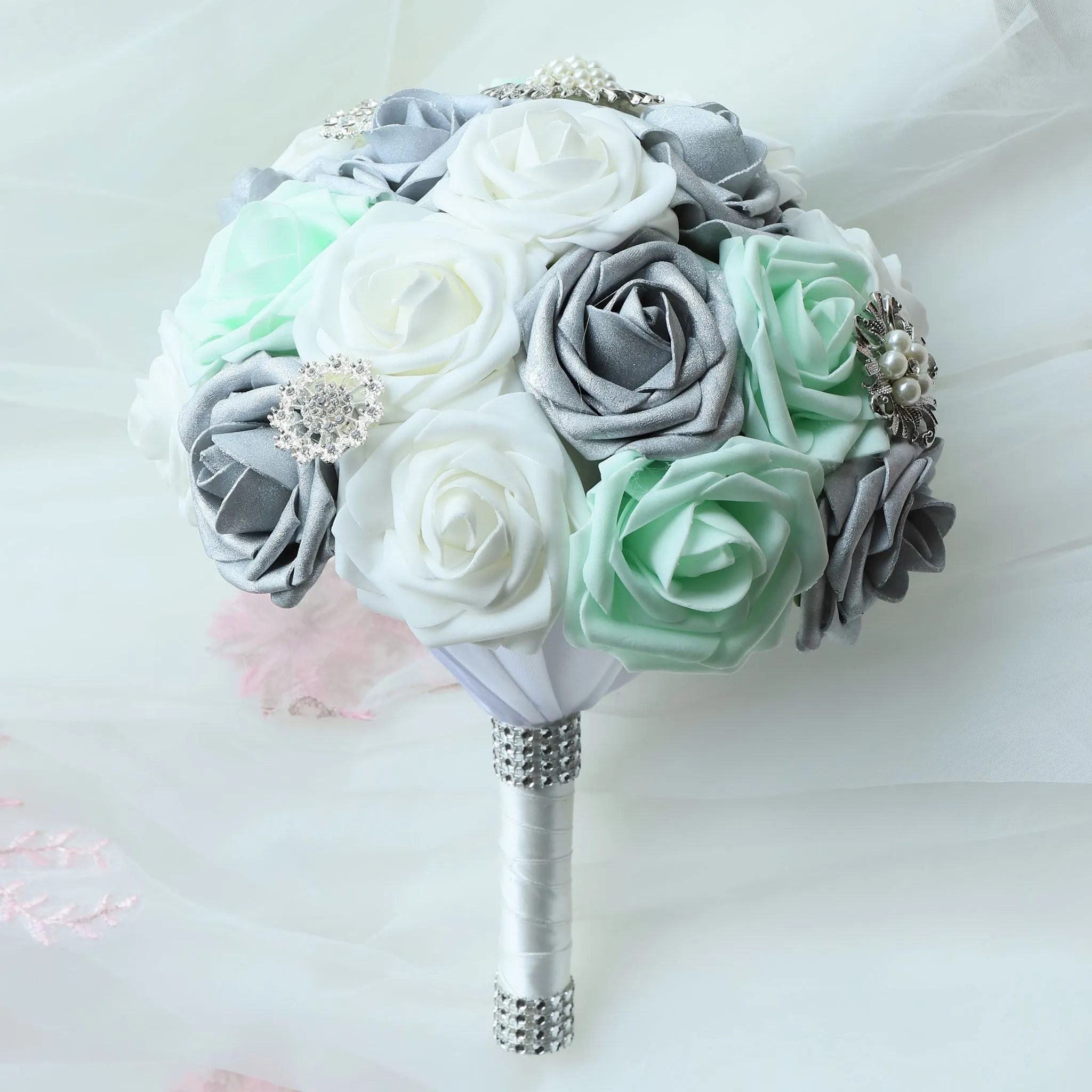 Mint Silver White Wedding Bouquet Bridal Flower