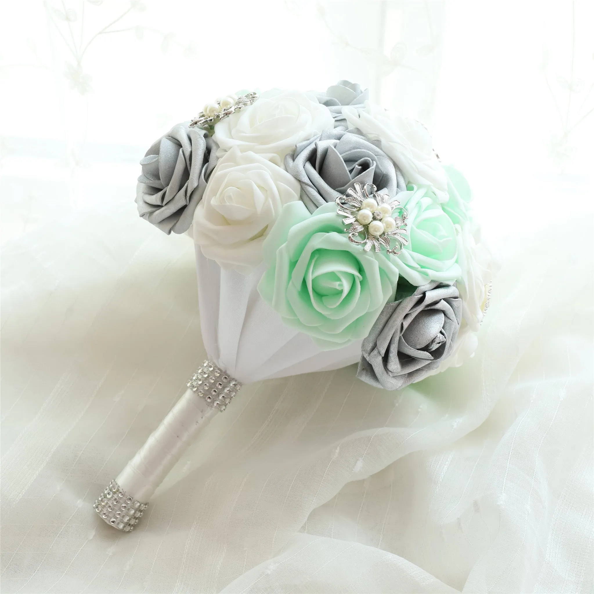 Mint Silver White Wedding Bouquet Bridal Flower