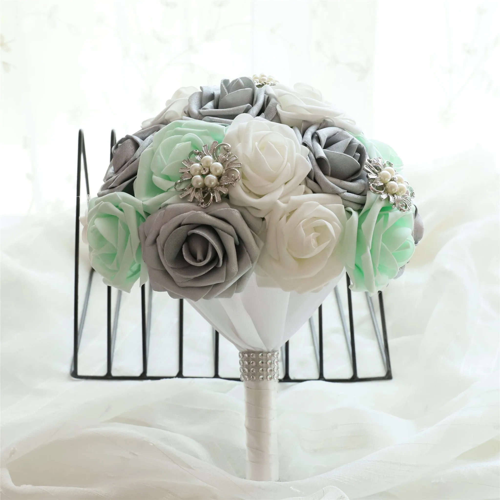 Mint Silver White Wedding Bouquet Bridal Flower