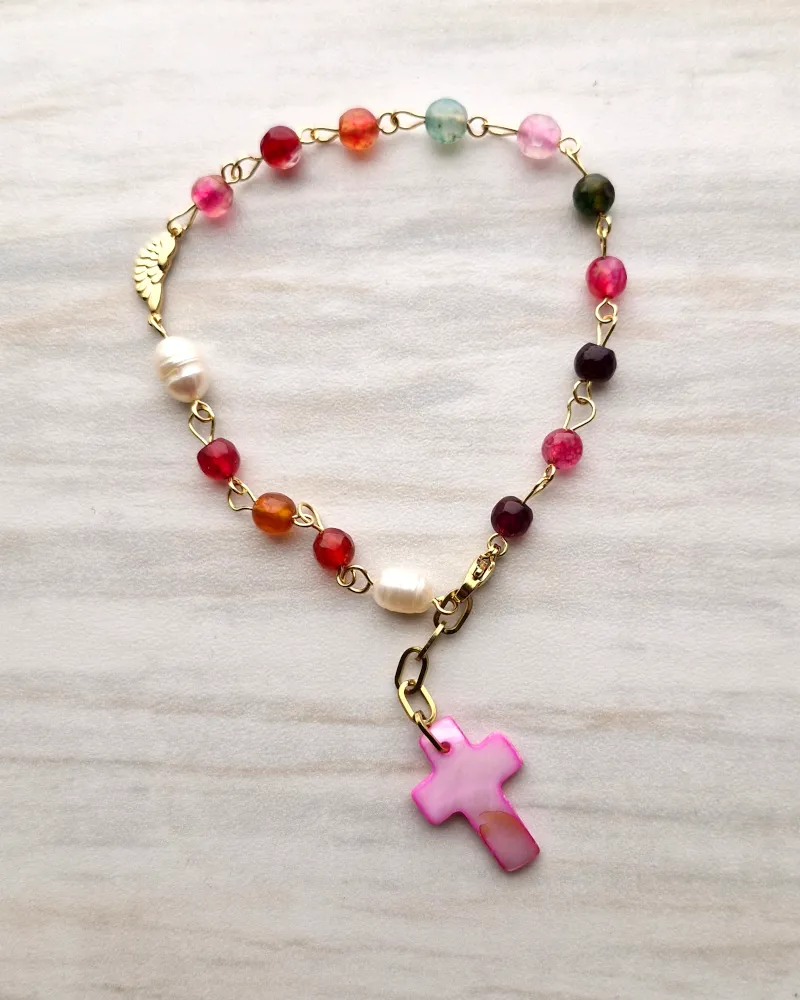 Multicolor Gemstone Rosary Bracelet with Pink Mother of Pearl Cross