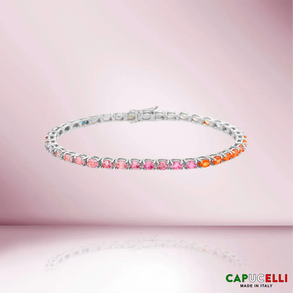 Multicolor Oval Shape Sapphire Tennis Bracelet (10.00 ct.) 4-Prongs Setting in 18K Gold, Made In Italy