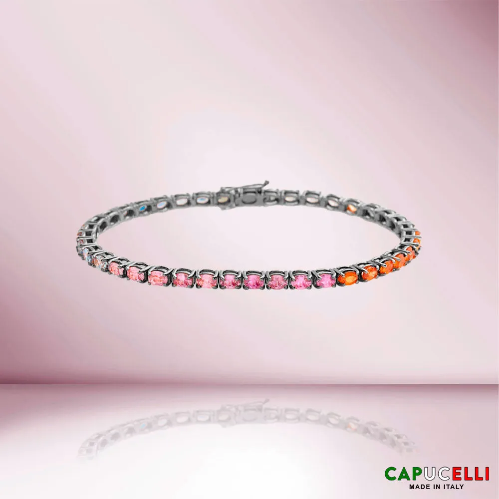 Multicolor Oval Shape Sapphire Tennis Bracelet (10.00 ct.) 4-Prongs Setting in 18K Gold, Made In Italy