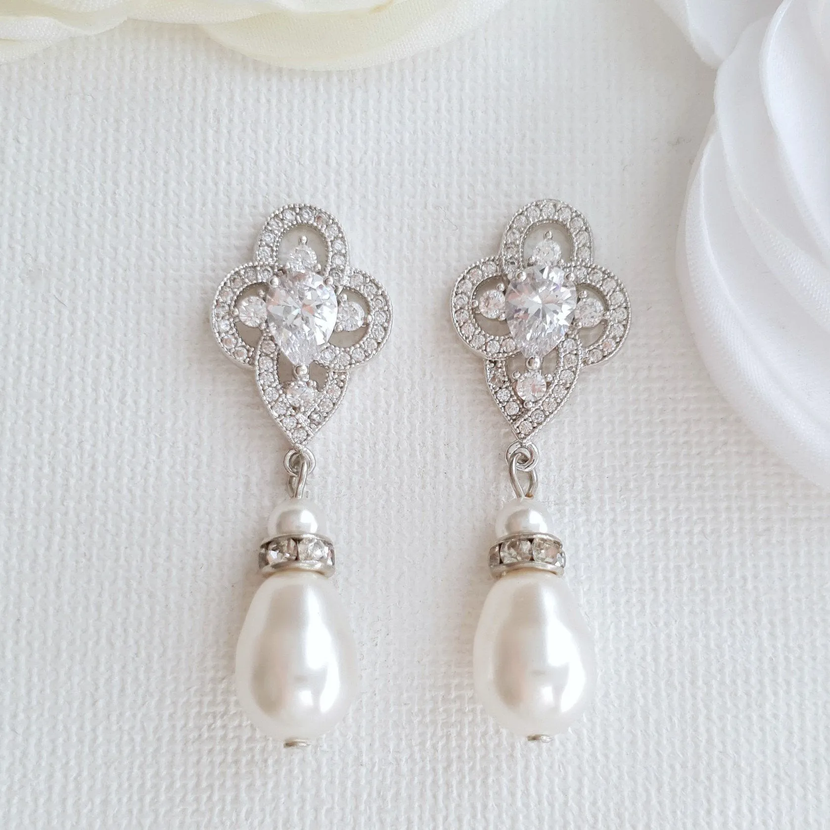 Pearl Drop Earrings, Bridal Earrings, Crystal Wedding Earrings, Bridesmaids Earrings, CZ Pearl Earrings, Pearl Wedding Jewelry, Mabel