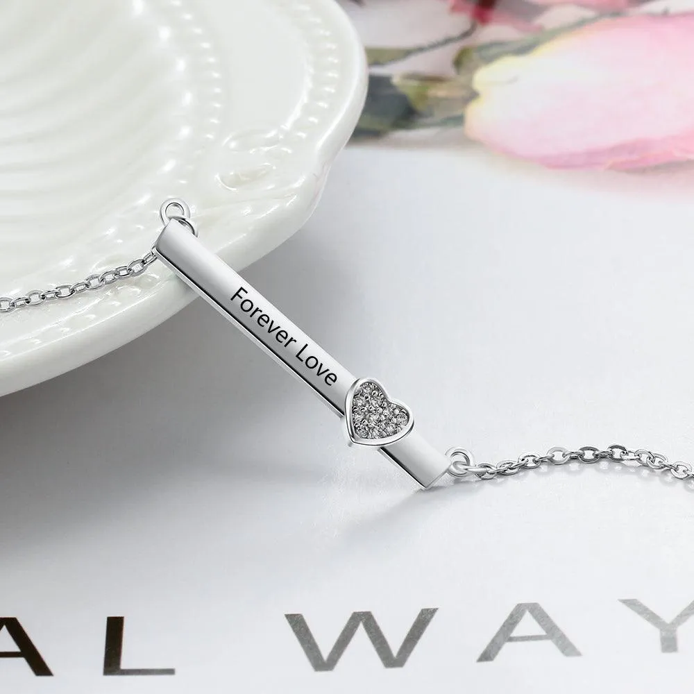 Personalized Silver Name Necklace with Strip with Heart CZ Stone Pendant, Trendy Love Jewelry for Women