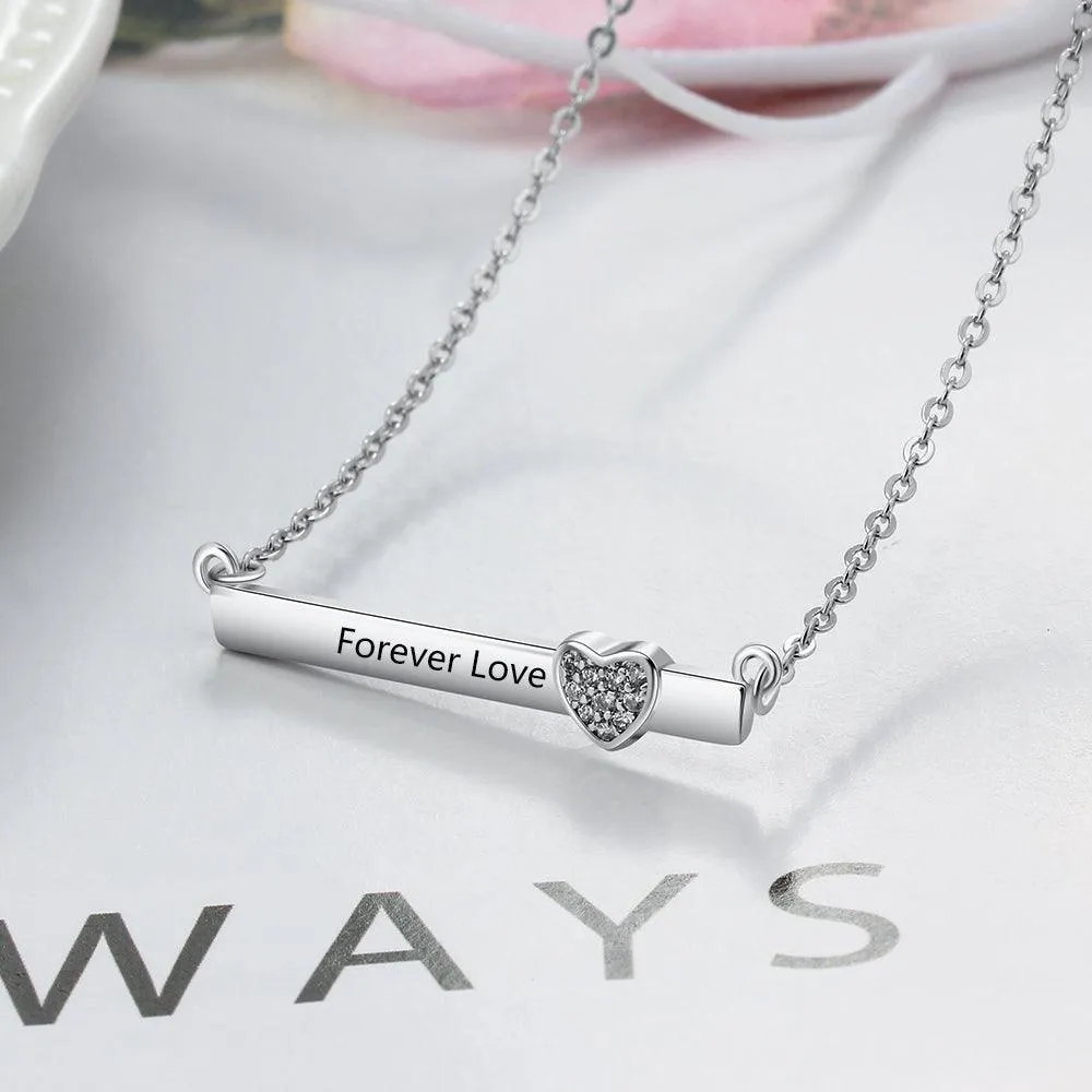 Personalized Silver Name Necklace with Strip with Heart CZ Stone Pendant, Trendy Love Jewelry for Women