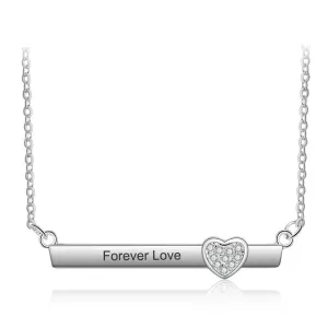 Personalized Silver Name Necklace with Strip with Heart CZ Stone Pendant, Trendy Love Jewelry for Women