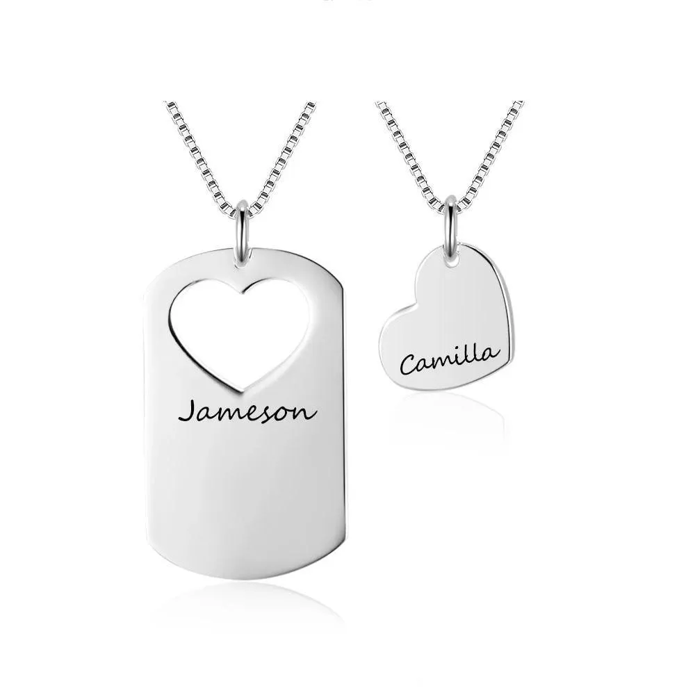 Personalized Women’s 925 Sterling Silver Name Necklace with 2 Pcs/Set Overlapping Heart Design Pendant, Trendy Love Jewelry for Couple