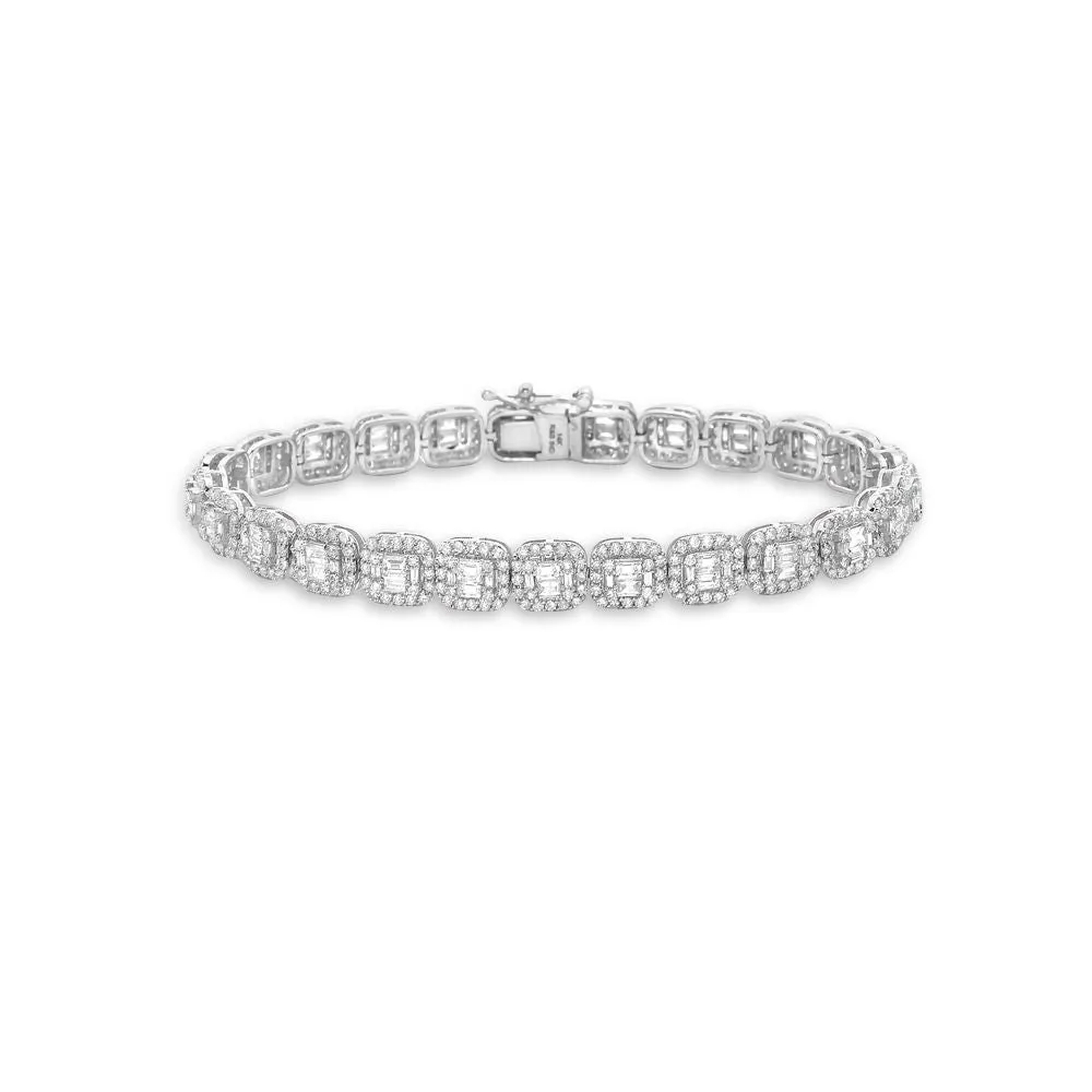 Round & Baguette Diamond Halo Rectangular Shape Tennis Bracelet ( 5.00 ct.) in 14k Gold