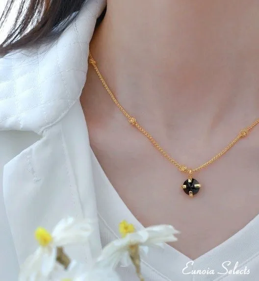 Serenity 18K Gold Vermeil Necklace w. Black or Clear Gem Pendant | Minimalist Chic