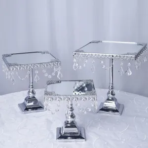 Set of 3 Silver Square Metallic Modern Cup Cake Riser Centerpiece Stand with Crystal Pendant Chains