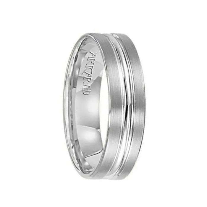 SHERIDAN 14k White Gold Wedding Band Concave Satin Brushed Center Finish with Beveled Edges - 6 mm