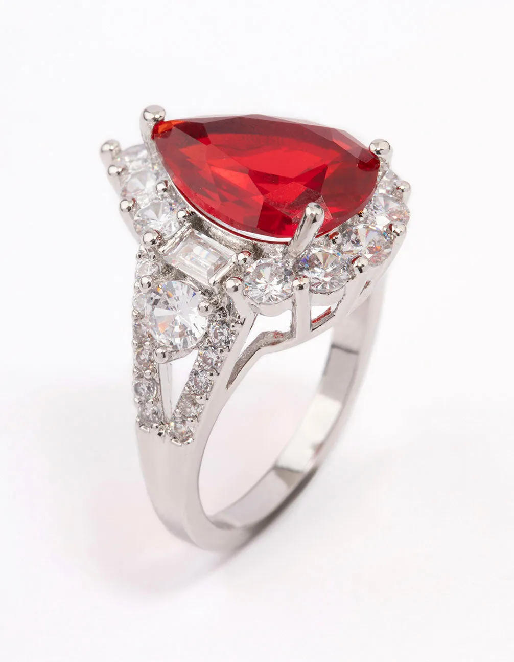 Silver Red Pear Cubic Zirconia Cocktail Ring