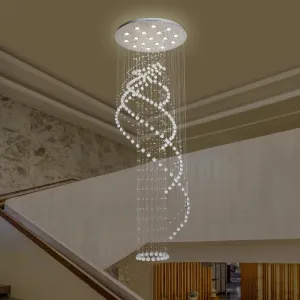 Sleek LED Ceiling Light: Modernist Spiral Design, 17 Bulbs, Clear Crystal Cluster Pendant in Silver