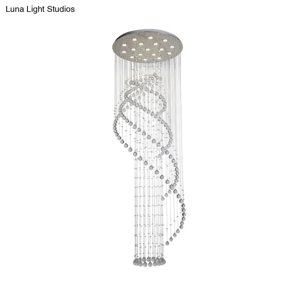 Sleek LED Ceiling Light: Modernist Spiral Design, 17 Bulbs, Clear Crystal Cluster Pendant in Silver