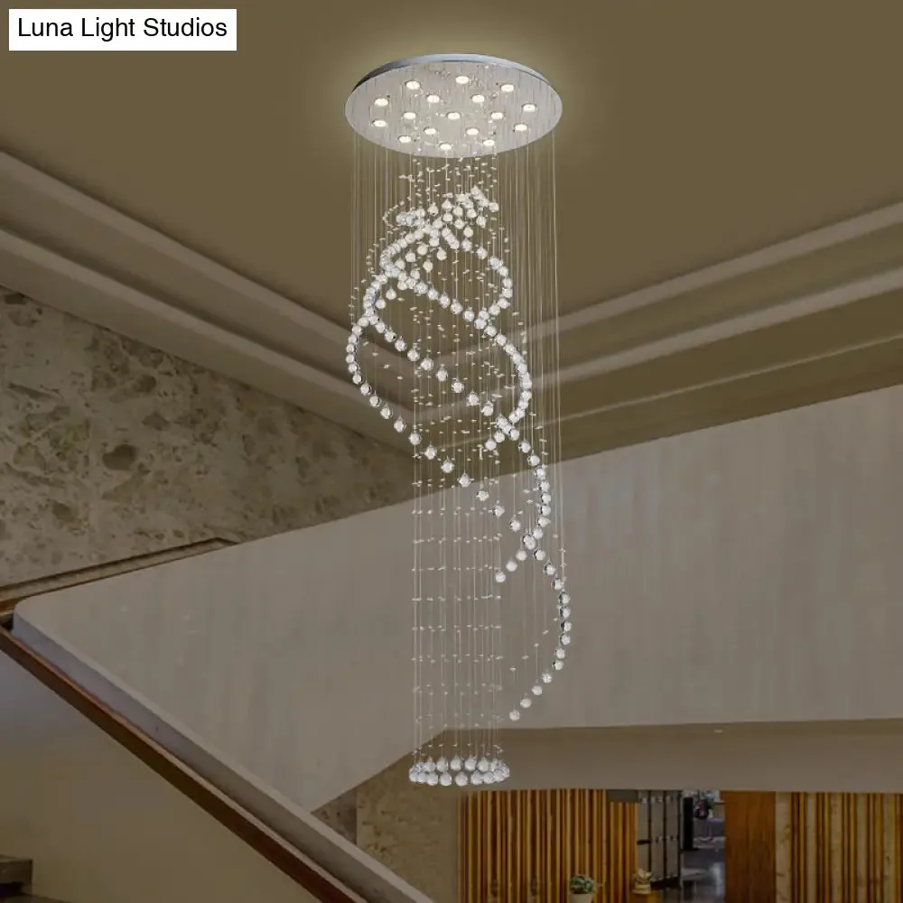 Sleek LED Ceiling Light: Modernist Spiral Design, 17 Bulbs, Clear Crystal Cluster Pendant in Silver