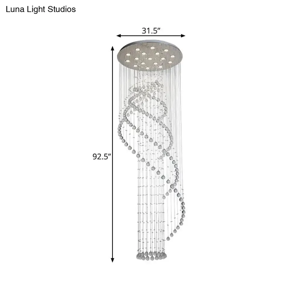 Sleek LED Ceiling Light: Modernist Spiral Design, 17 Bulbs, Clear Crystal Cluster Pendant in Silver