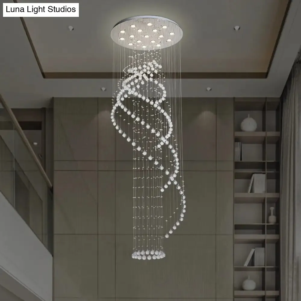 Sleek LED Ceiling Light: Modernist Spiral Design, 17 Bulbs, Clear Crystal Cluster Pendant in Silver