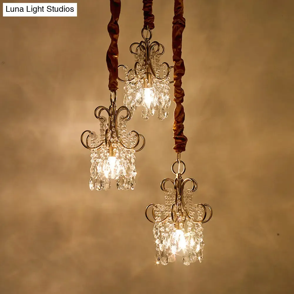 Sleek Metal Curvy Arm Pendant Light - Simplicity, 3 Gold Heads, Crystal Strands