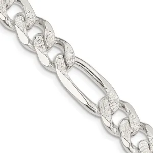 Sterling Silver 10.5mm Pav‚ Flat Figaro Chain Necklace