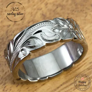 Sterling Silver Black Rhodium 8mm Ring - Hand Engraved Hawaiian Old English Design with Wave Edge