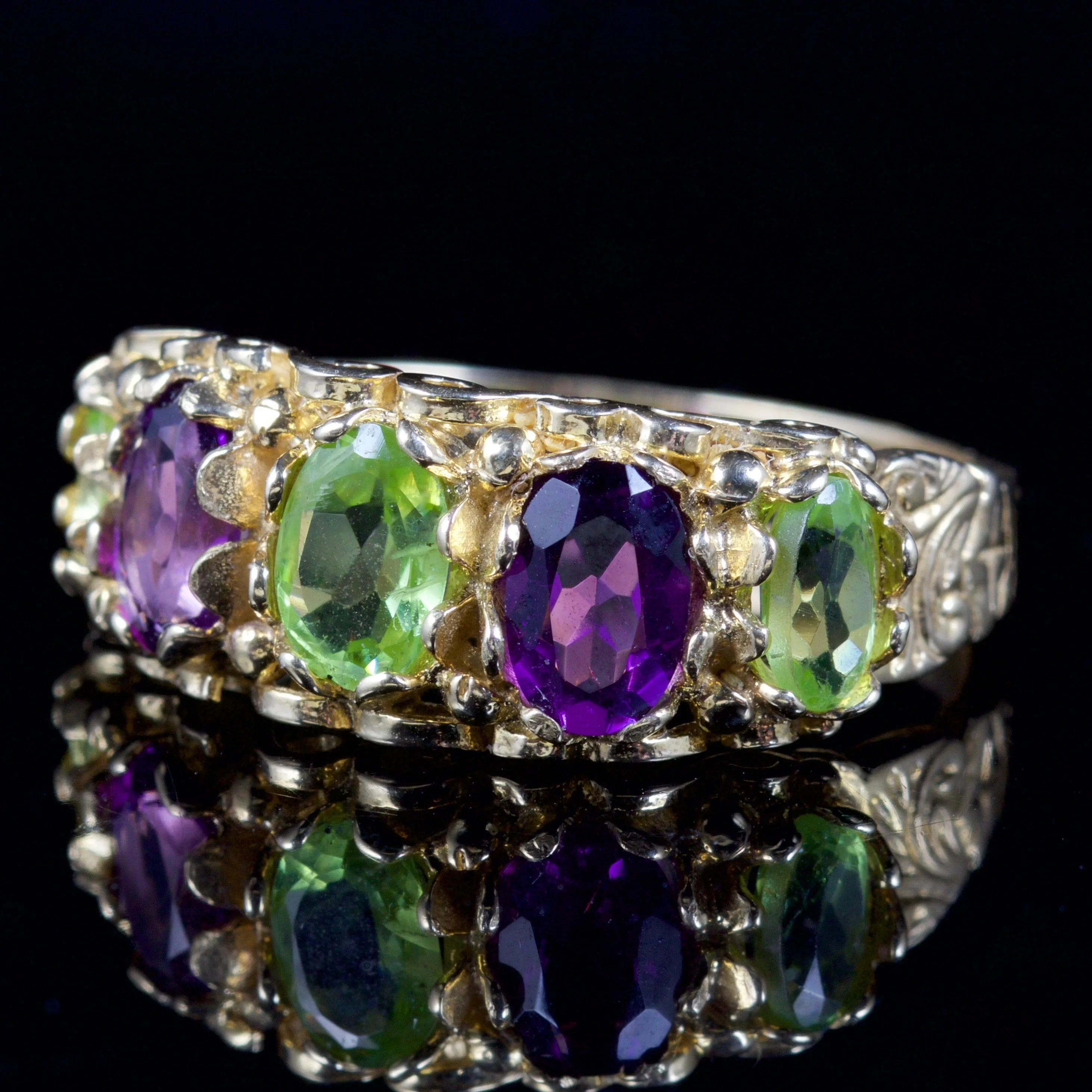 Suffragette Amethyst Peridot Ring 9Ct Gold Ring