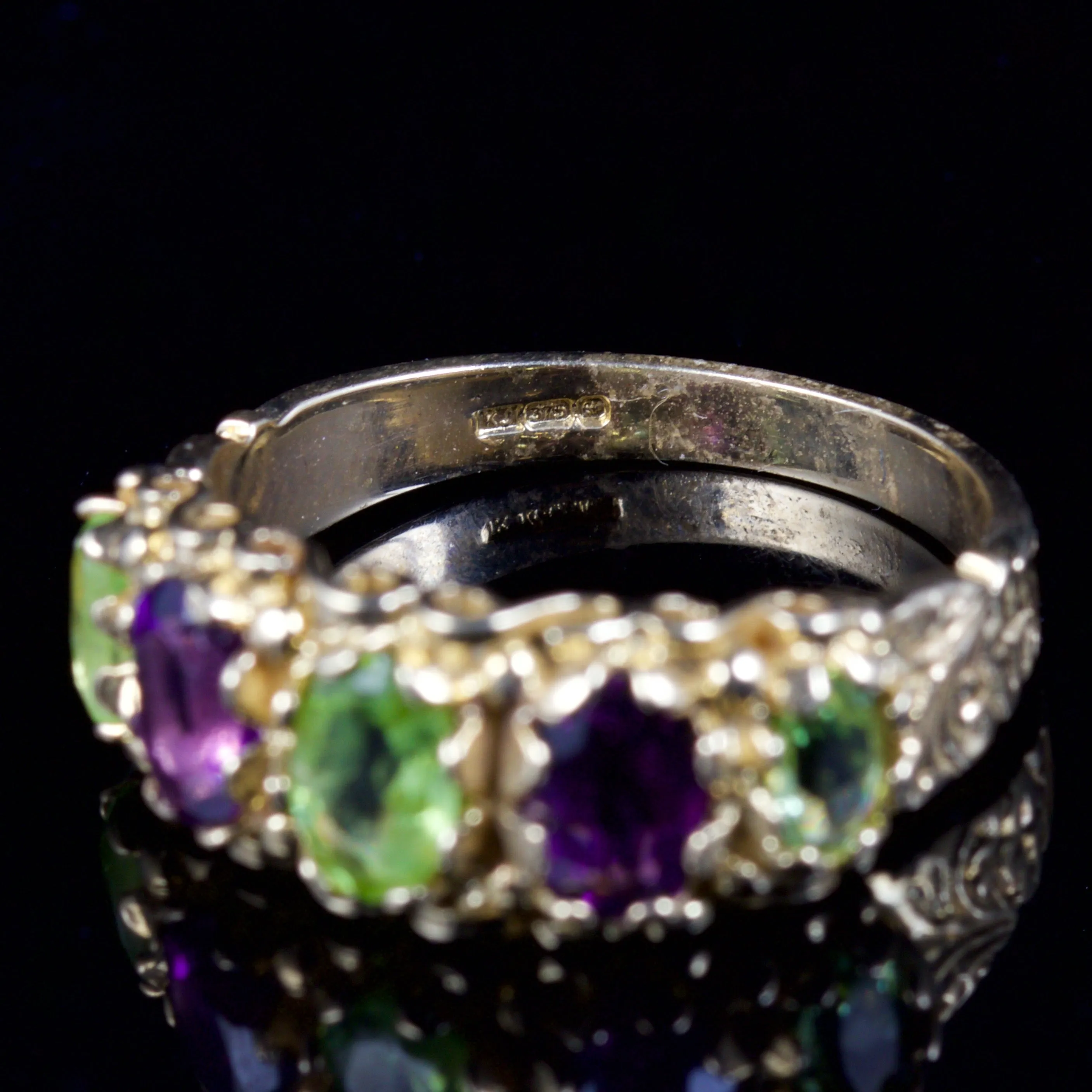 Suffragette Amethyst Peridot Ring 9Ct Gold Ring