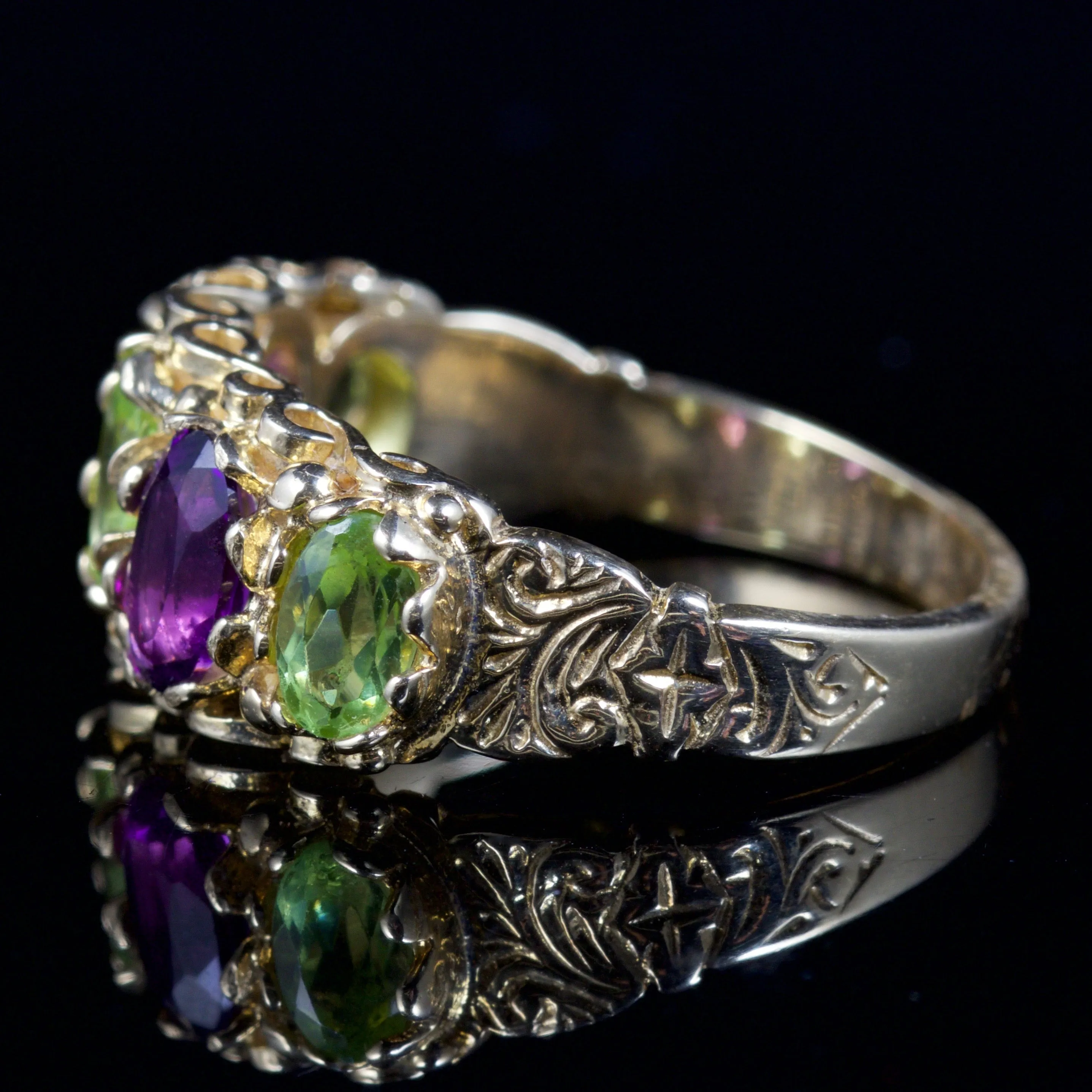 Suffragette Amethyst Peridot Ring 9Ct Gold Ring