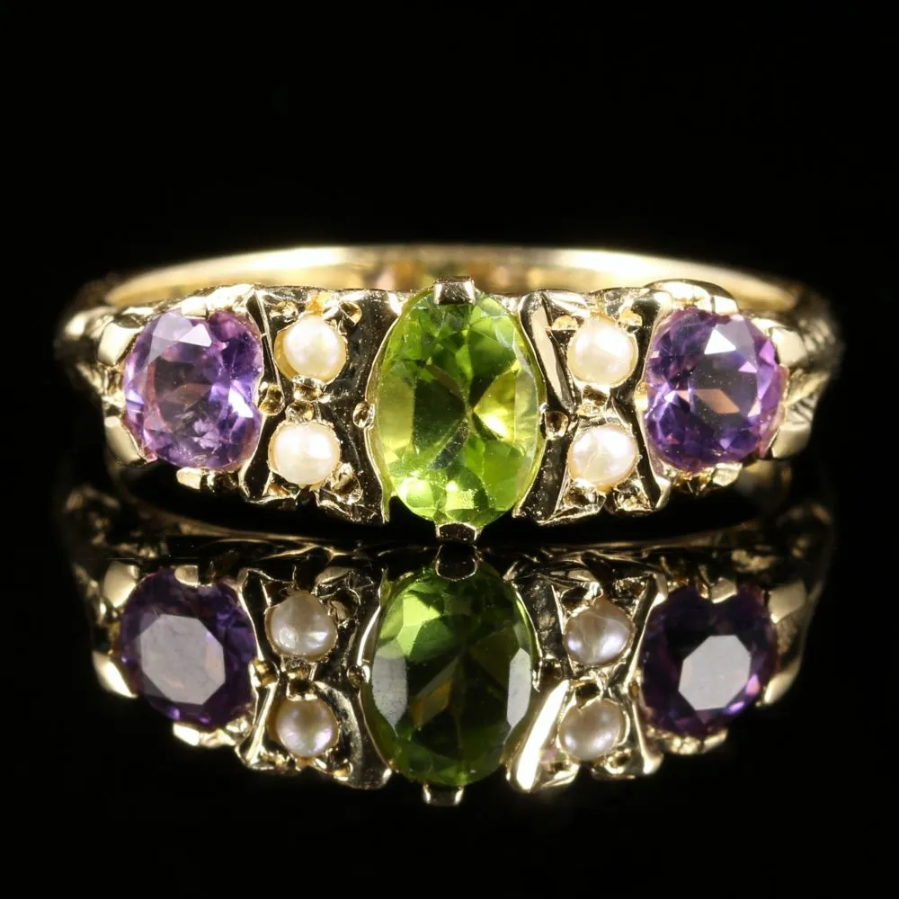 Suffragette Ring Peridot Amethyst Pearl 9Ct Gold