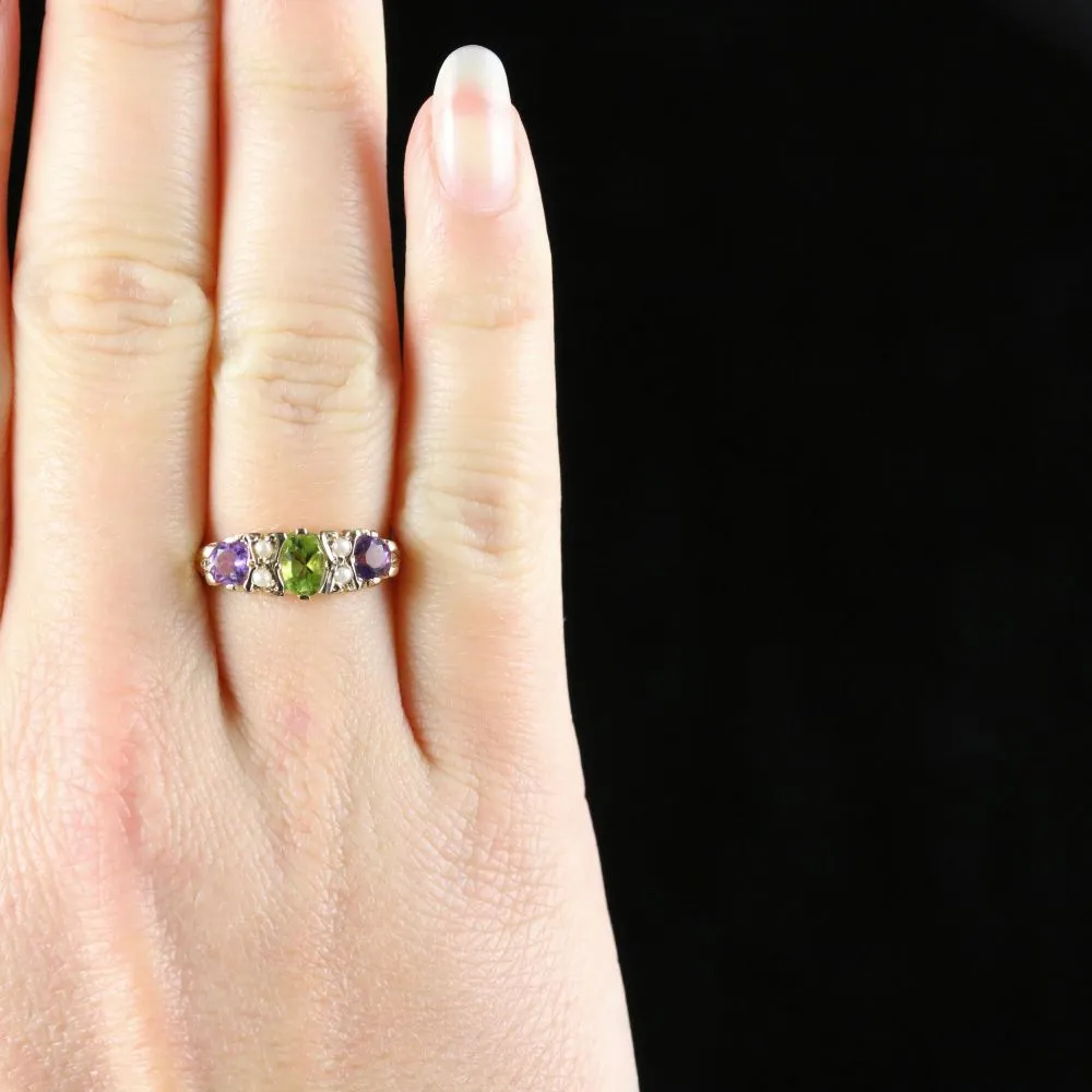 Suffragette Ring Peridot Amethyst Pearl 9Ct Gold