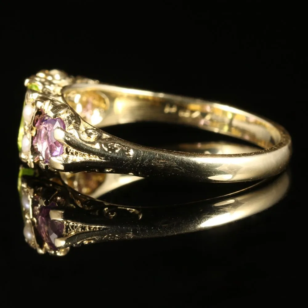 Suffragette Ring Peridot Amethyst Pearl 9Ct Gold