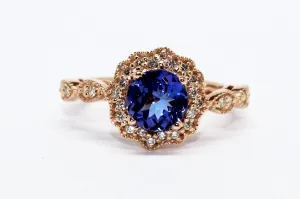 TANZANITE AND DIAMOND MILGRAIN HALO RING AD NO.1605