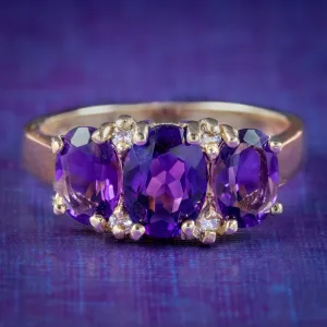 Victorian Style Amethyst Diamond Trilogy Ring 9ct Gold