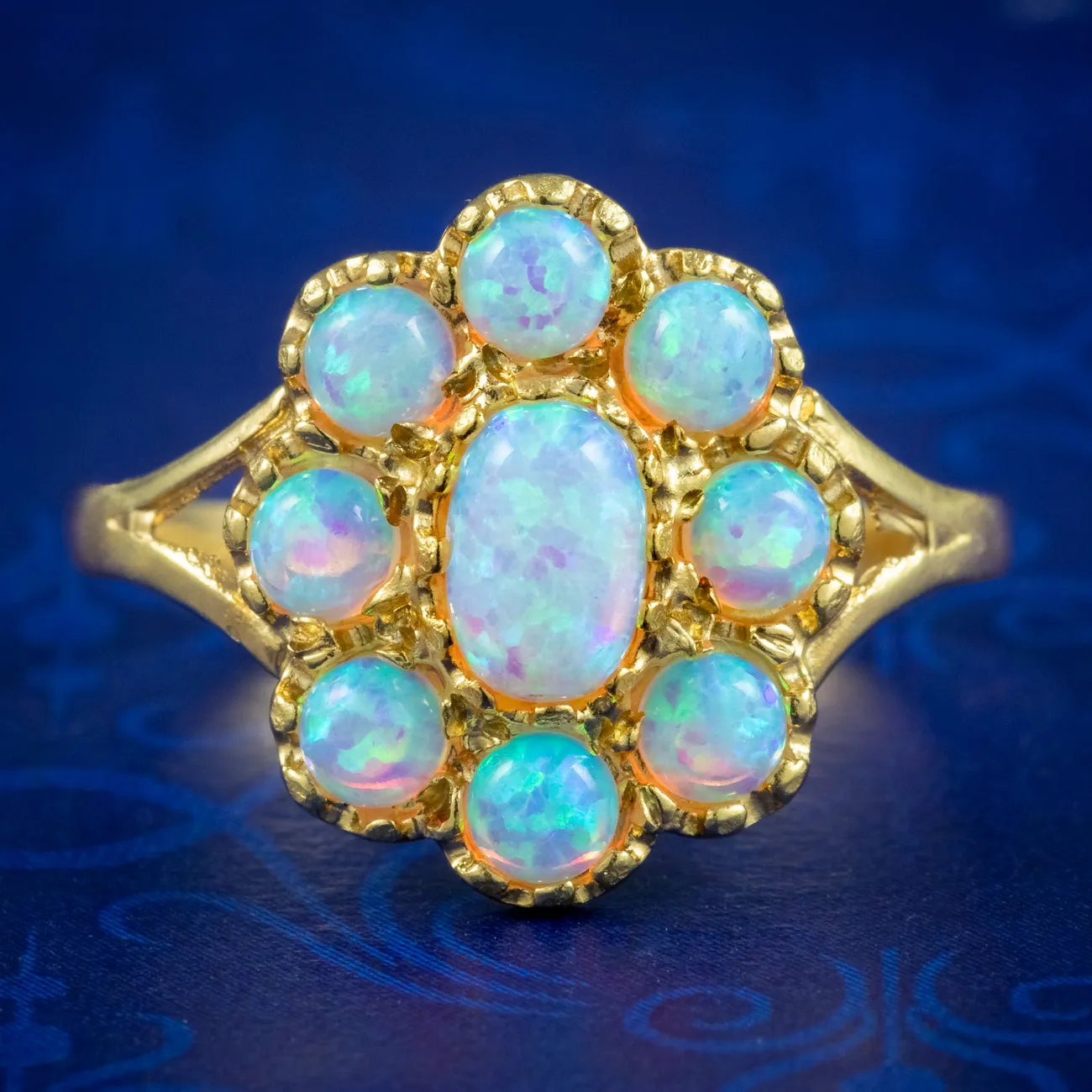 Victorian Style Opal Cluster Ring Silver 18ct Gold Gilt