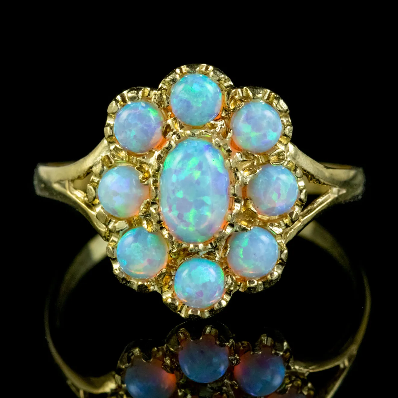 Victorian Style Opal Cluster Ring Silver 18ct Gold Gilt