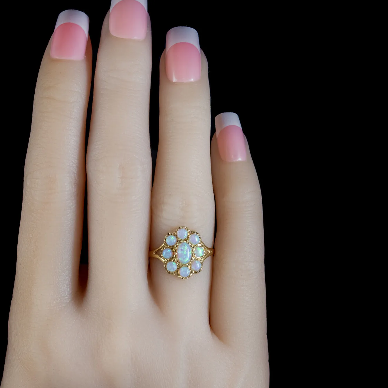 Victorian Style Opal Cluster Ring Silver 18ct Gold Gilt