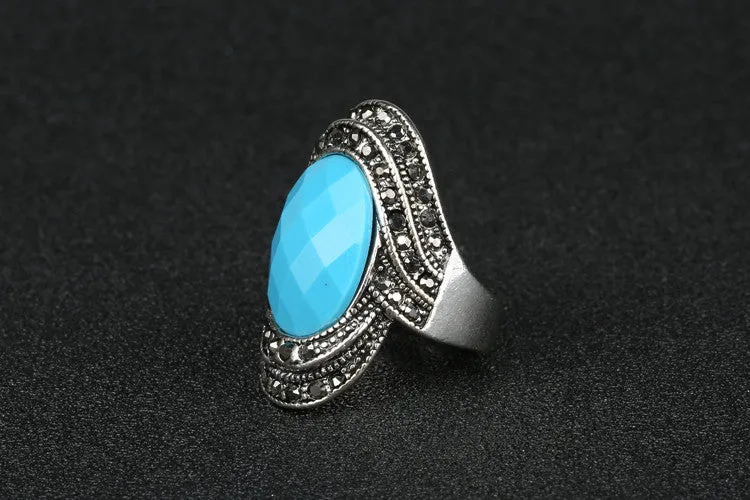 Vintage Retro Craft Bohemia Rings For Women rings Punk Rock Gray Crystal Black Oval Opal 925 Silver Wedding Rings