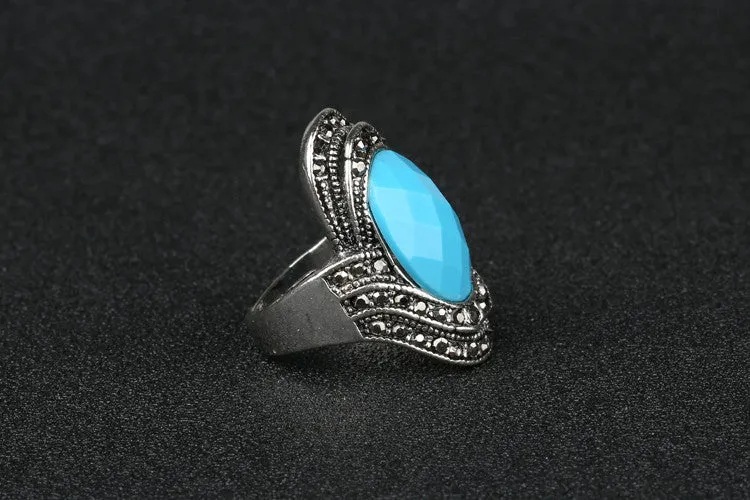 Vintage Retro Craft Bohemia Rings For Women rings Punk Rock Gray Crystal Black Oval Opal 925 Silver Wedding Rings