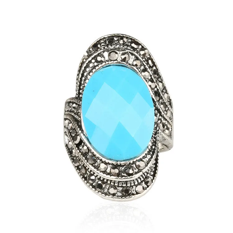 Vintage Retro Craft Bohemia Rings For Women rings Punk Rock Gray Crystal Black Oval Opal 925 Silver Wedding Rings