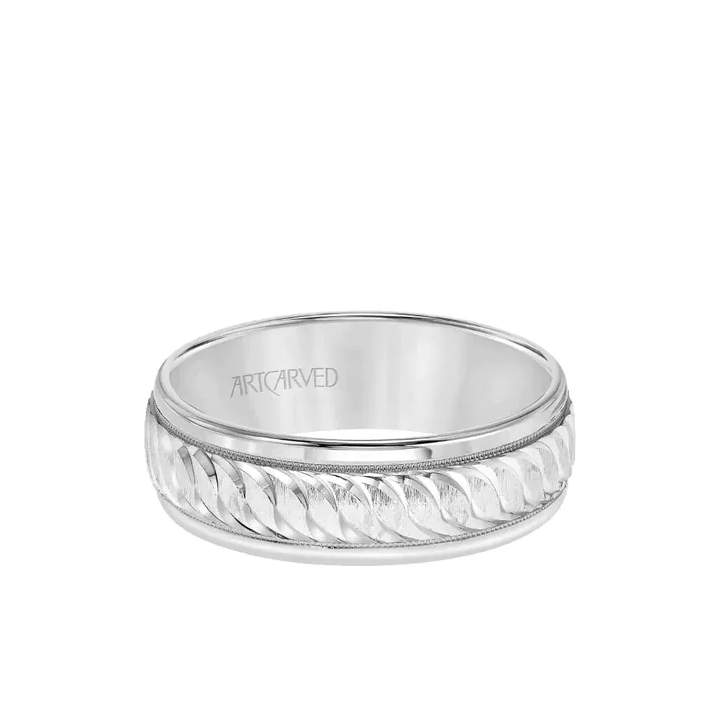 WHISPERS OF LOVE 14k White Gold Wedding Band Engraved Center Design Milgrain Rolled Edges by Artcarved - 7mm