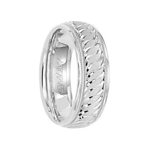 WHISPERS OF LOVE 14k White Gold Wedding Band Engraved Center Design Milgrain Rolled Edges by Artcarved - 7mm