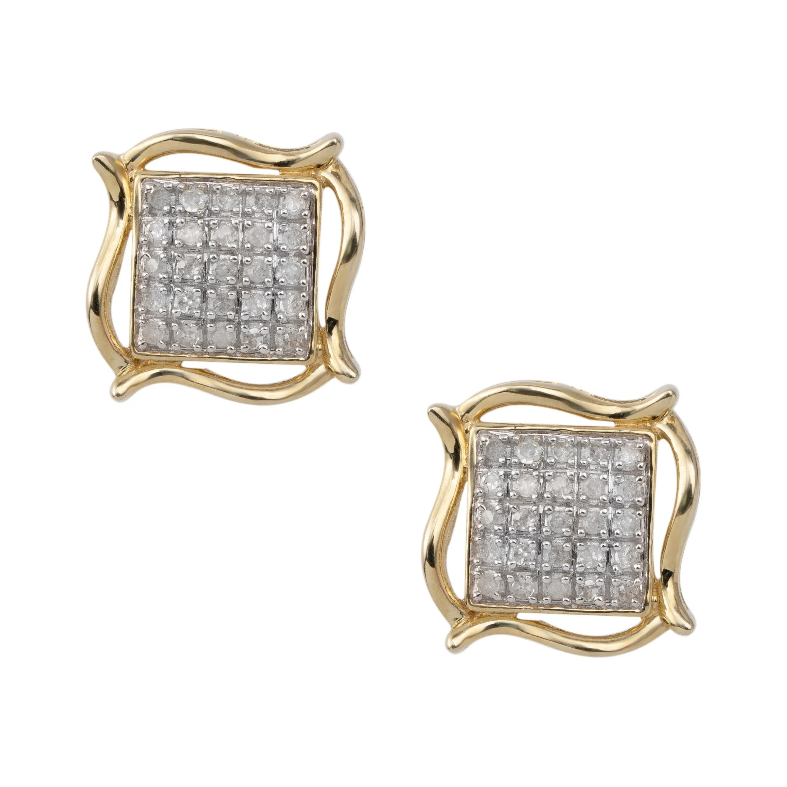 Women's Accent Curved Frame Square Diamond Stud Earrings 0.18ct 10K Yellow Gold