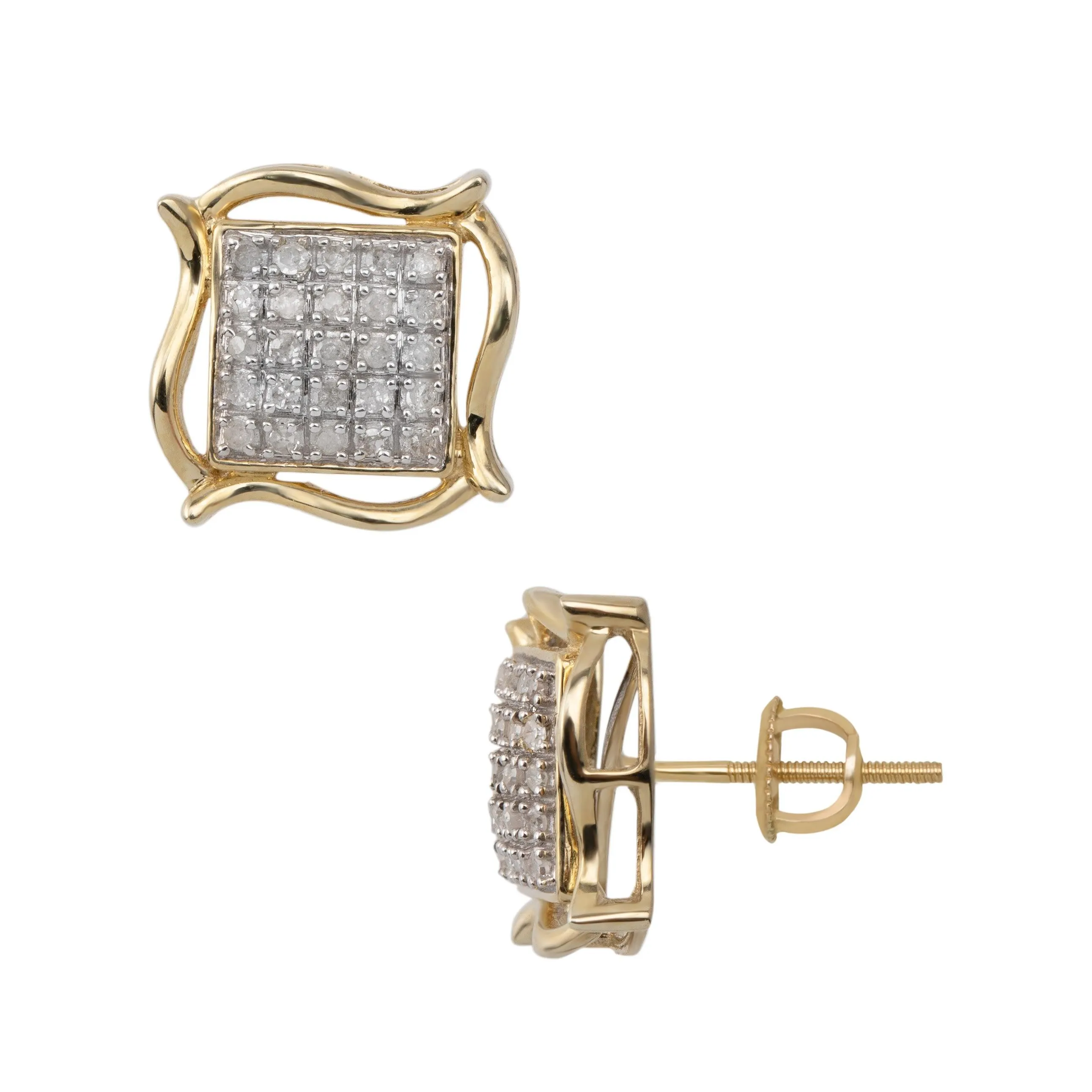 Women's Accent Curved Frame Square Diamond Stud Earrings 0.18ct 10K Yellow Gold